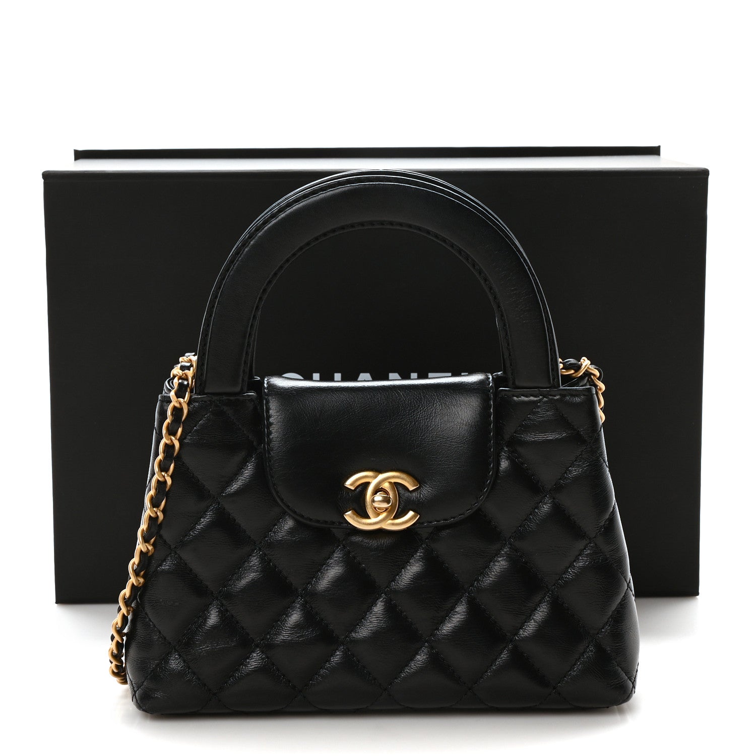 Shiny Aged Calfskin Quilted Nano Kelly Shopper Black