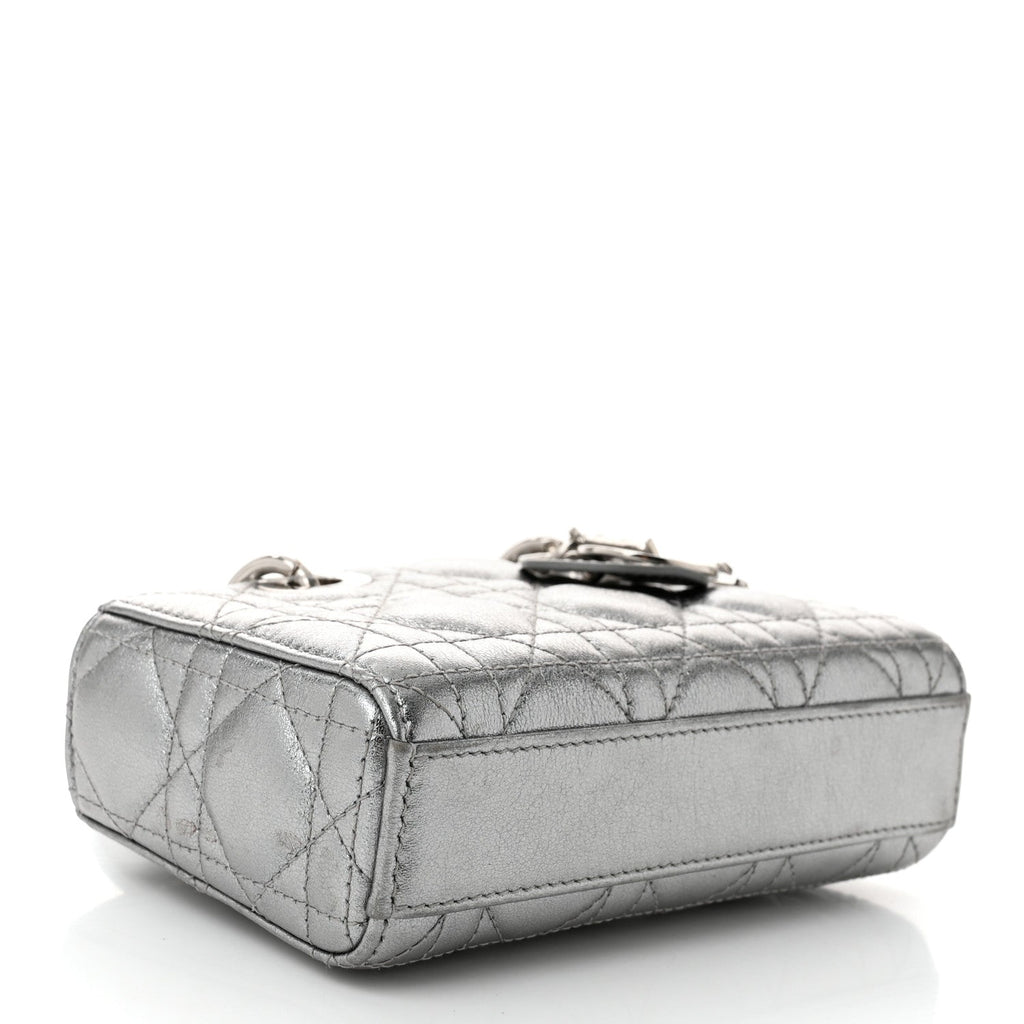 Metallic Lambskin Cannage Micro Lady D-Joy Silver