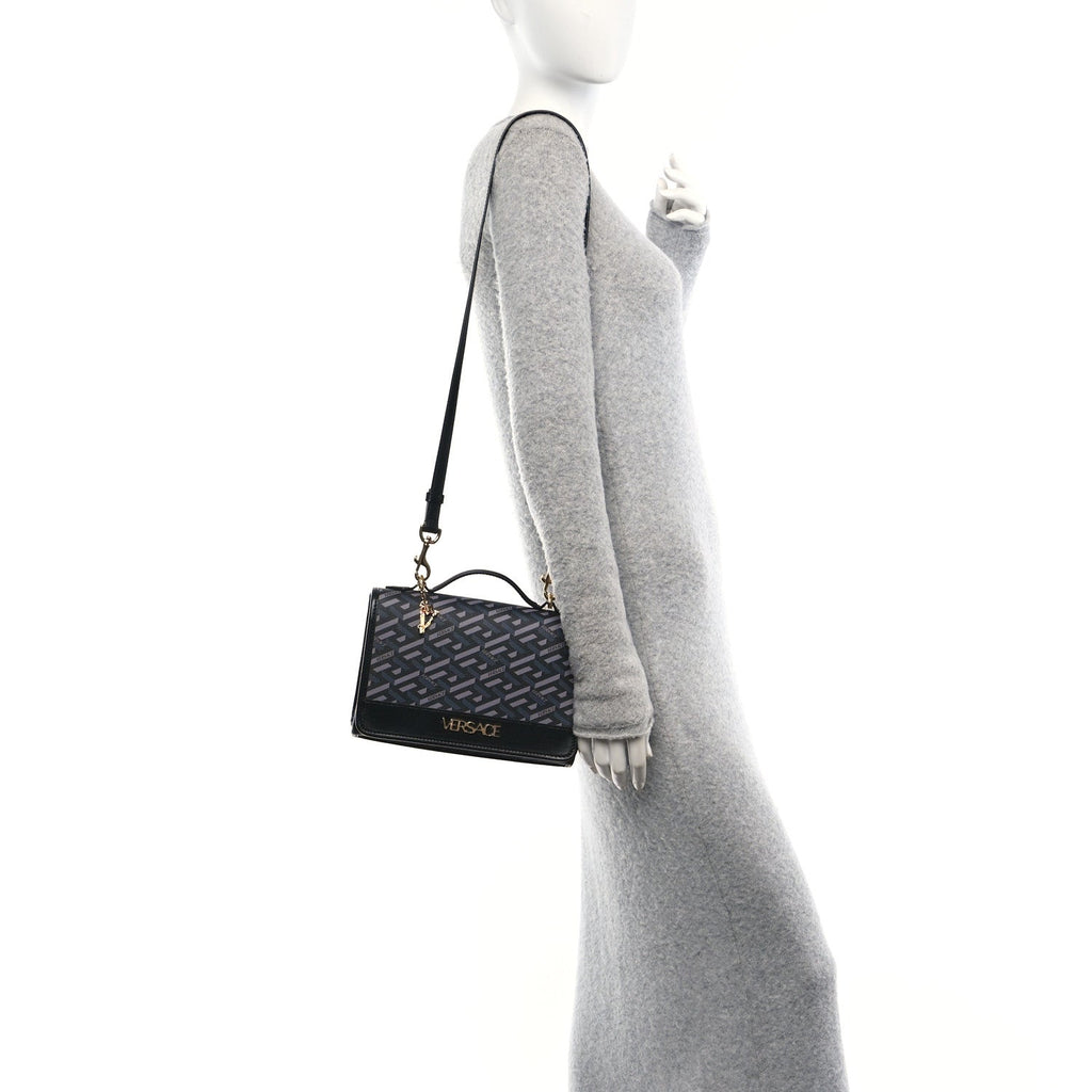 Coated Canvas La Greca Signature Top Handle Bag Black
