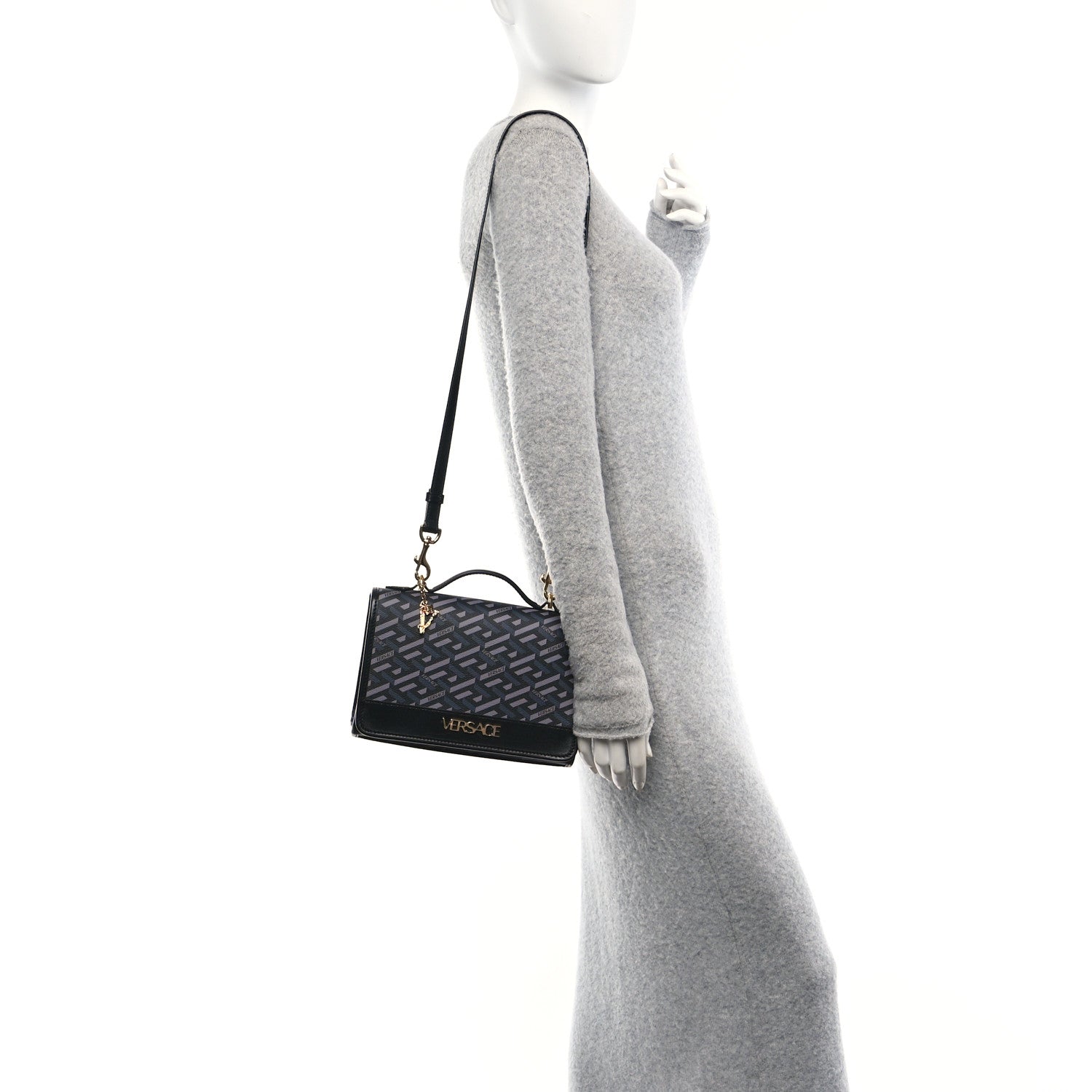 Coated Canvas La Greca Signature Top Handle Bag Black