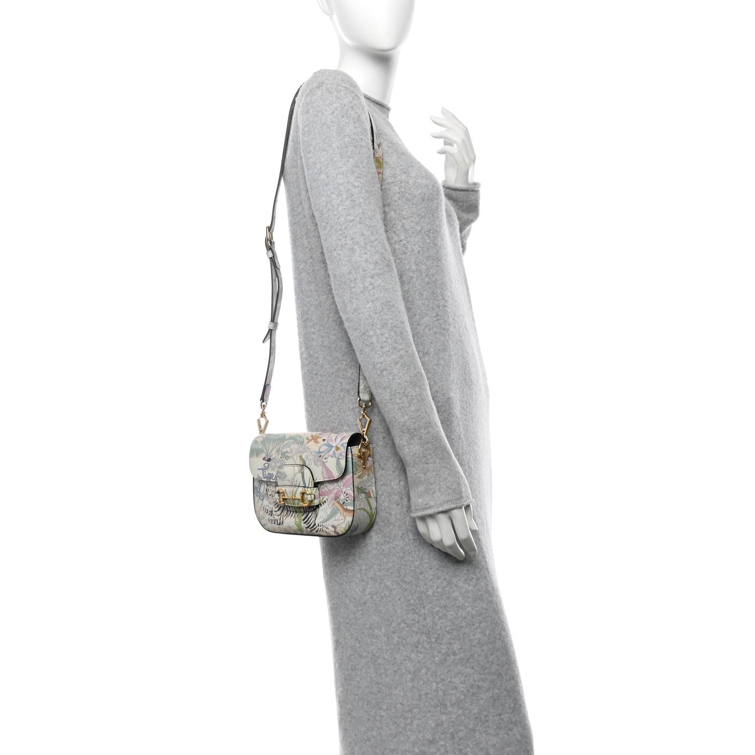 New Shangai Calfskin Tiger Savanah Web Mini Horsebit 1955 Shoulder Bag Chalky White Multicolor