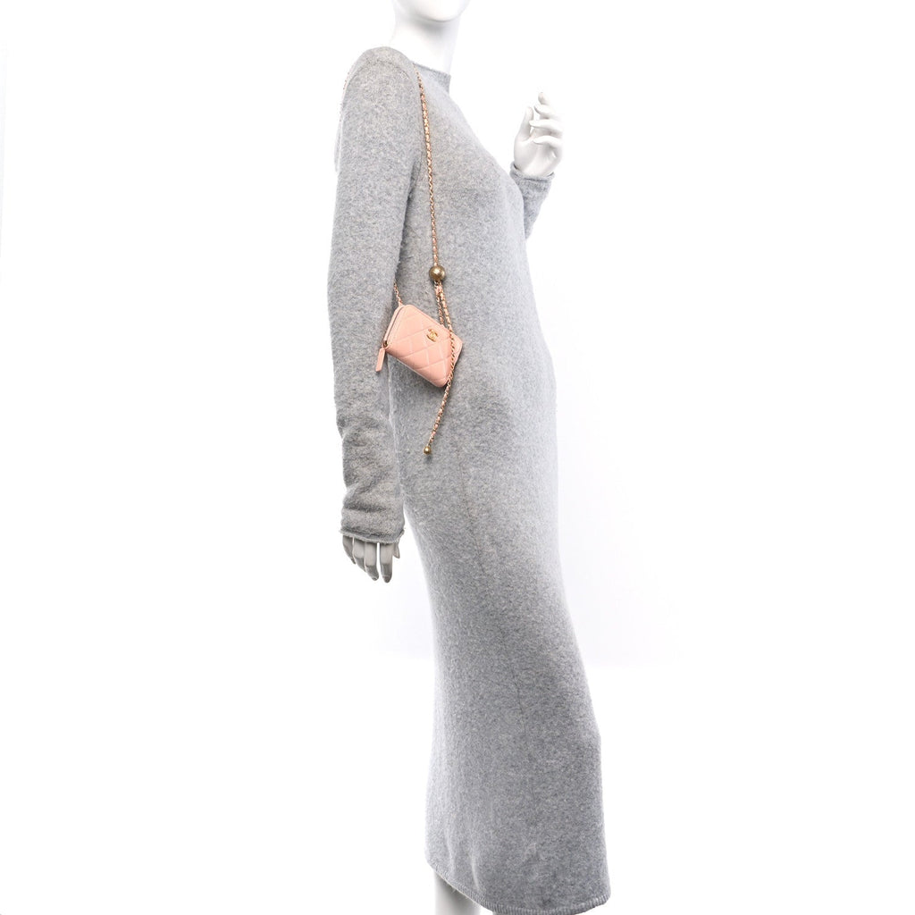 Lambskin Quilted CC Pearl Crush Zip  Holder On Chain Pink
