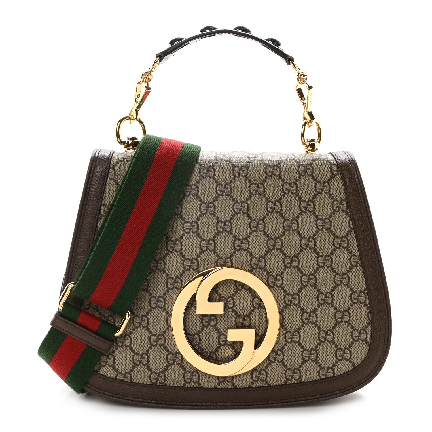 GG Supreme Monogram Textured Dollar Calfskin Web Medium Blondie Top Handle Shoulder Flap Bag Beige Ebony New Acero