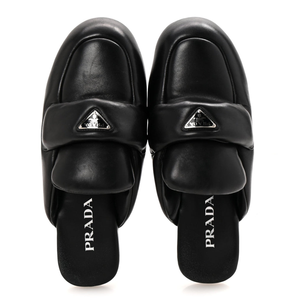 Nappa Soft Padded Metal Triangle Logo Lug Sole 20mm Mules 40.5 Black