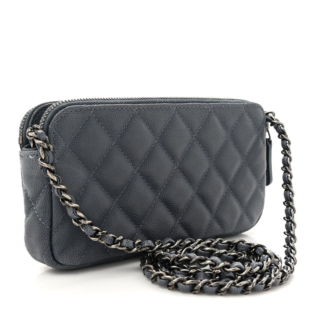 Caviar Quilted Small Clutch With Chain Grey