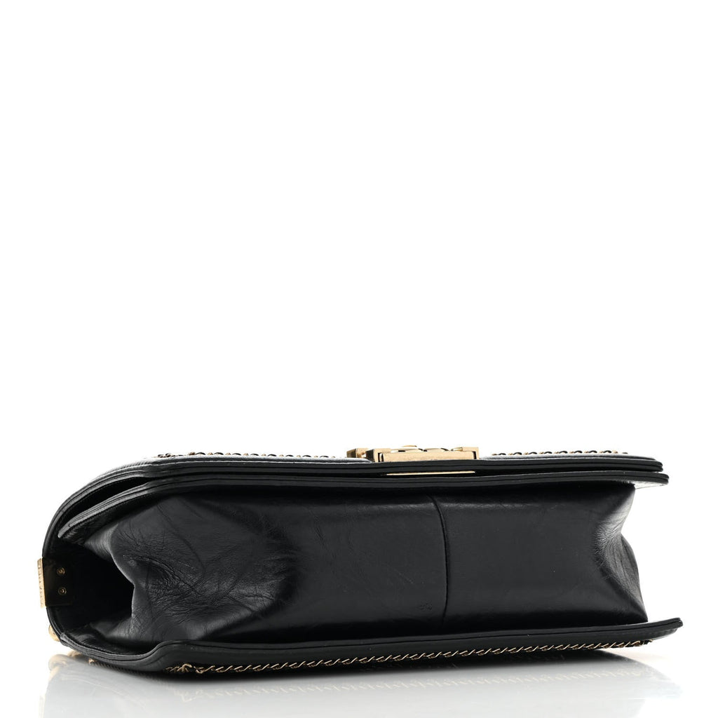 Crumpled Calfskin Chevron Chain Medium Boy Flap Black