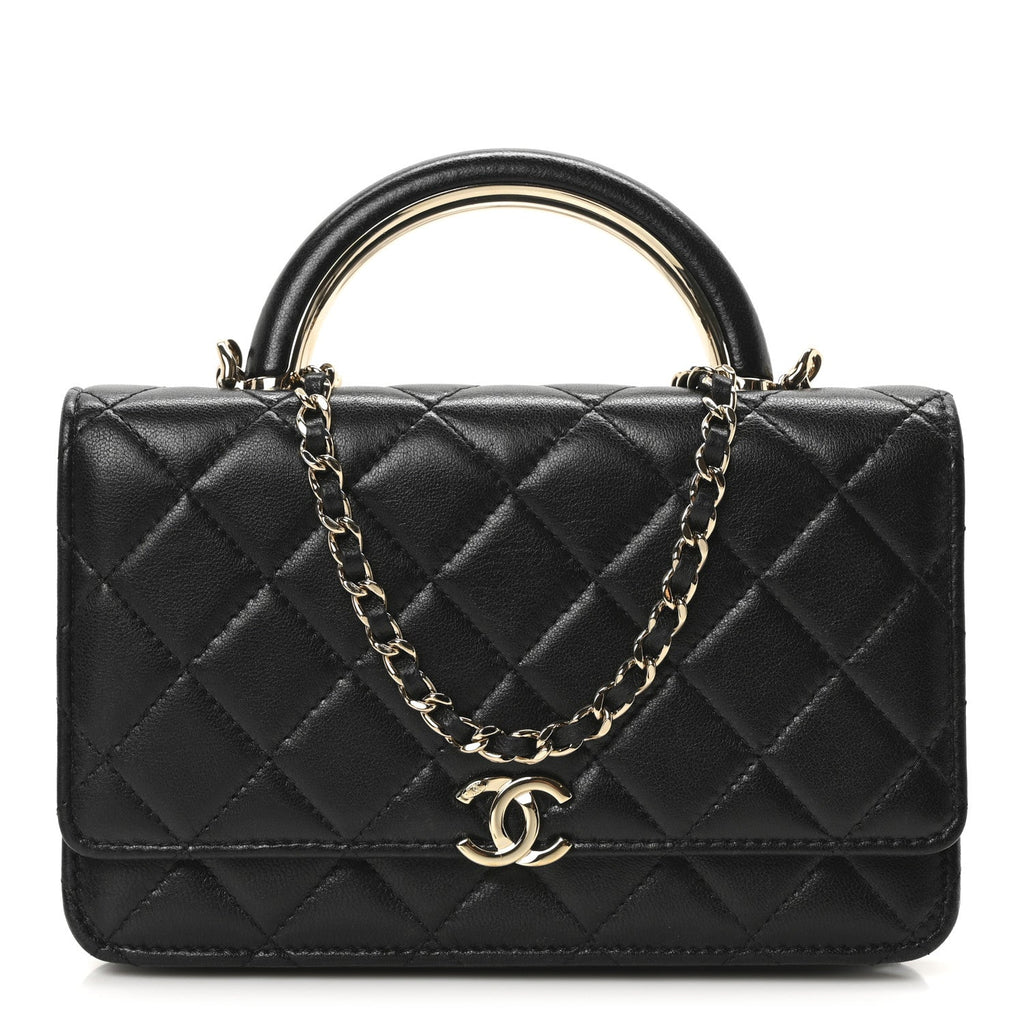 Lambskin Quilted Top Handle Wallet On Chain WOC Black
