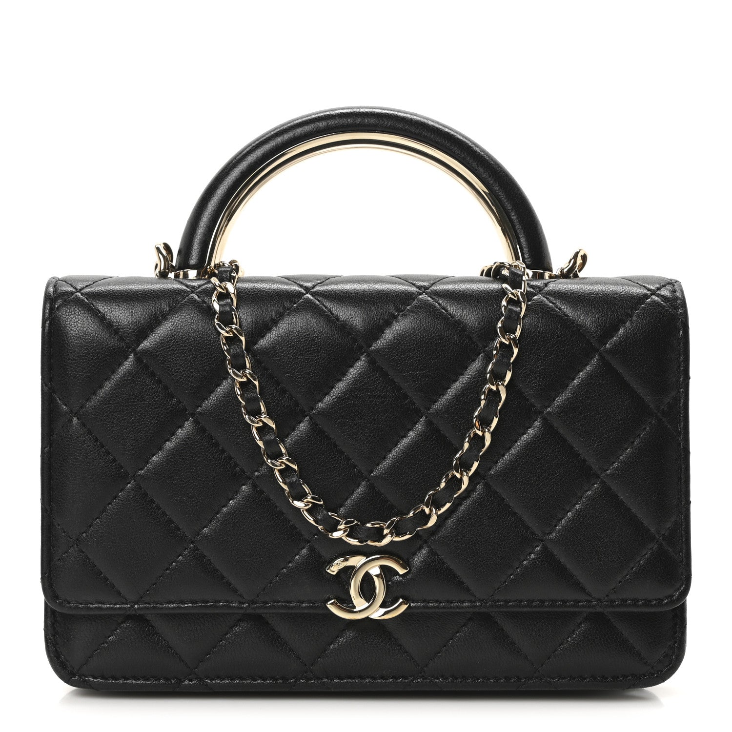 Lambskin Quilted Top Handle Wallet On Chain WOC Black
