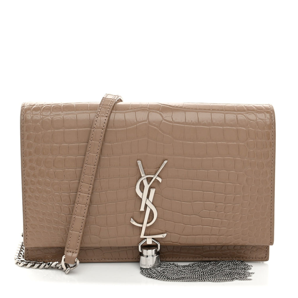 Calfskin Crocodile Embossed Small Classic Monogram Kate Tassel Satchel Dark Beige