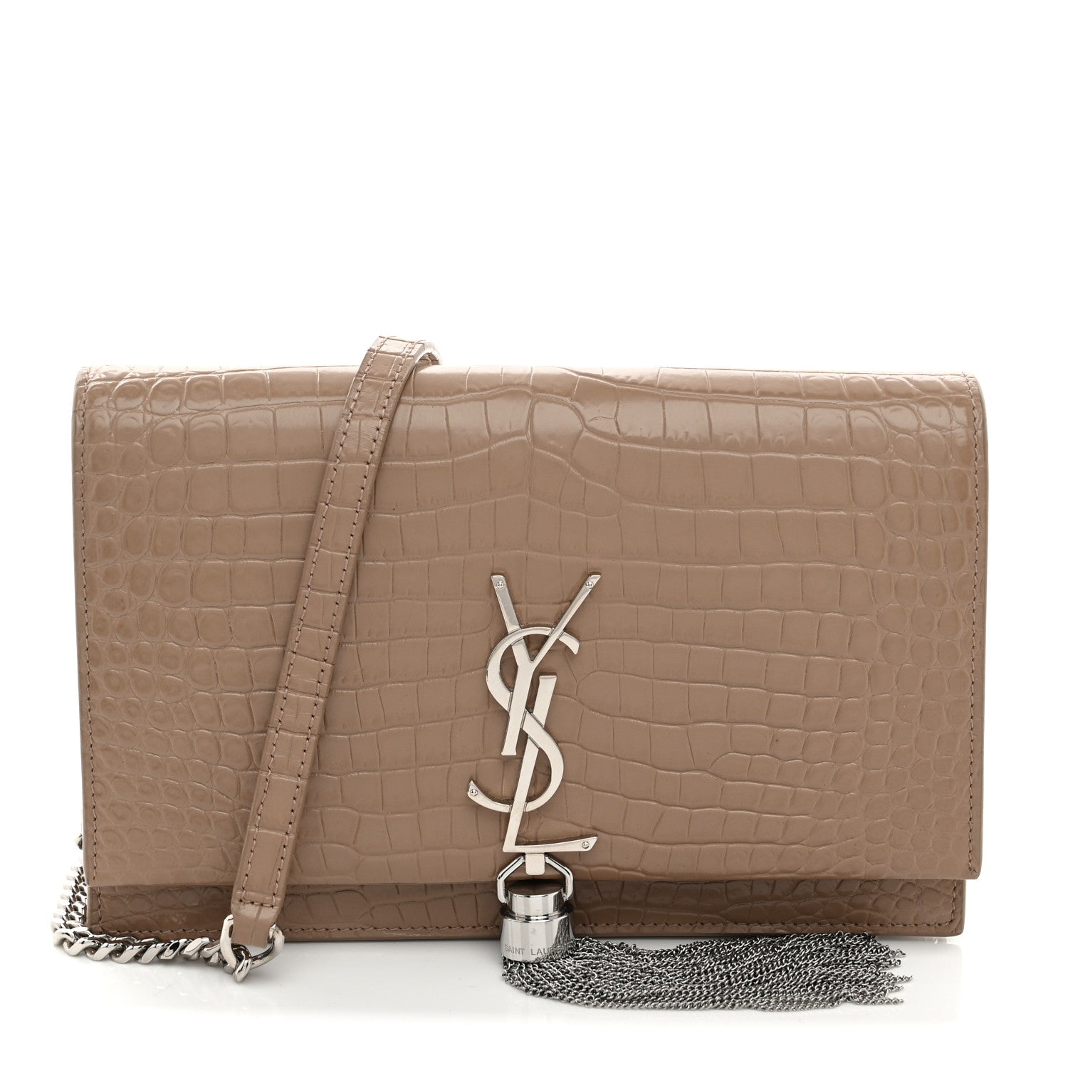 Calfskin Crocodile Embossed Small Classic Monogram Kate Tassel Satchel Dark Beige