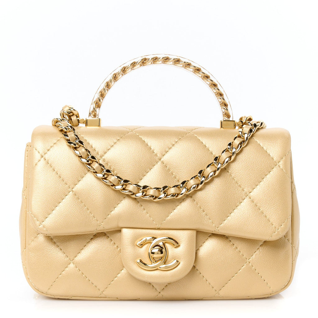Metallic Lambskin Resin Quilted Top Handle Mini Flap Gold