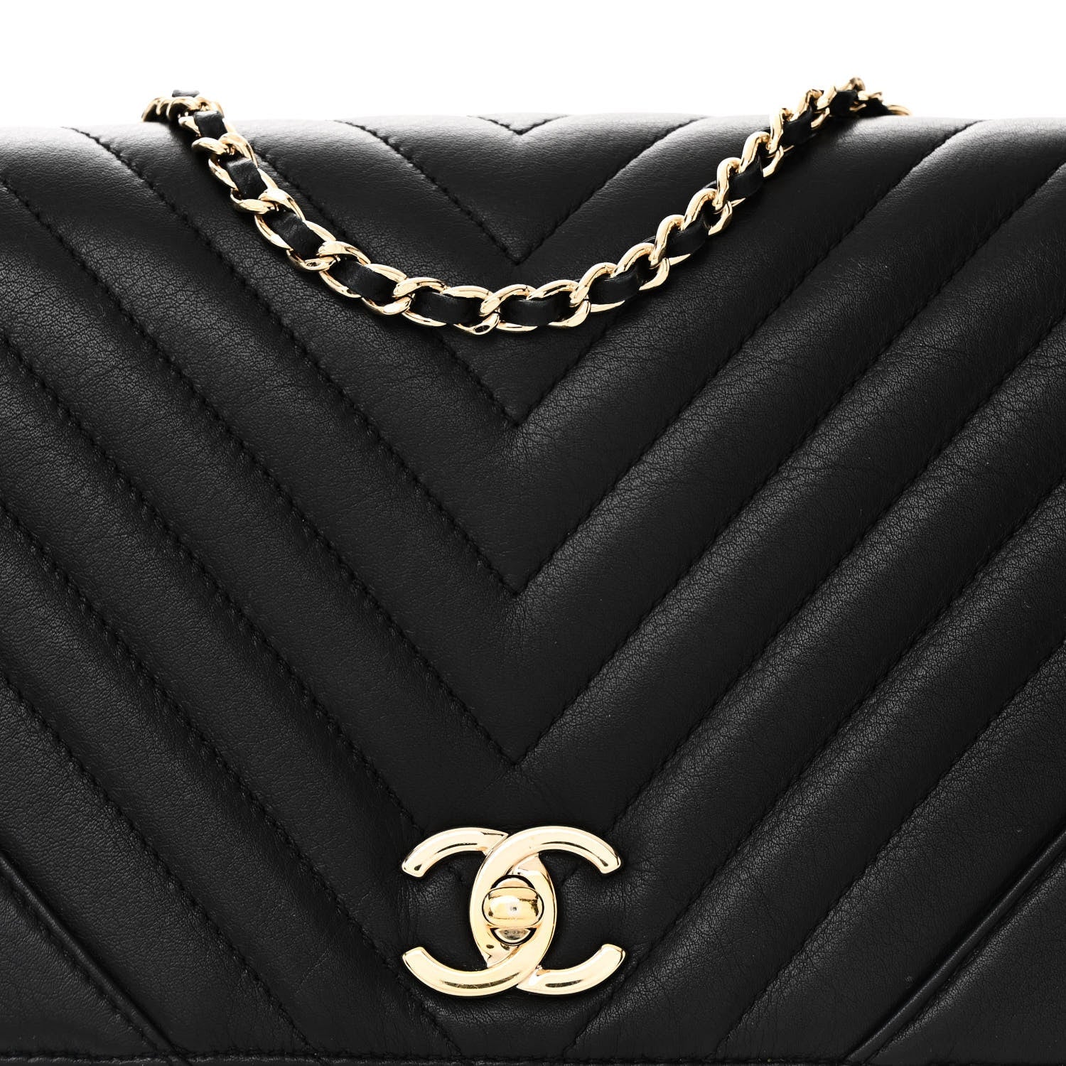 Calfskin Chevron Quilted Small Statement Flap Black