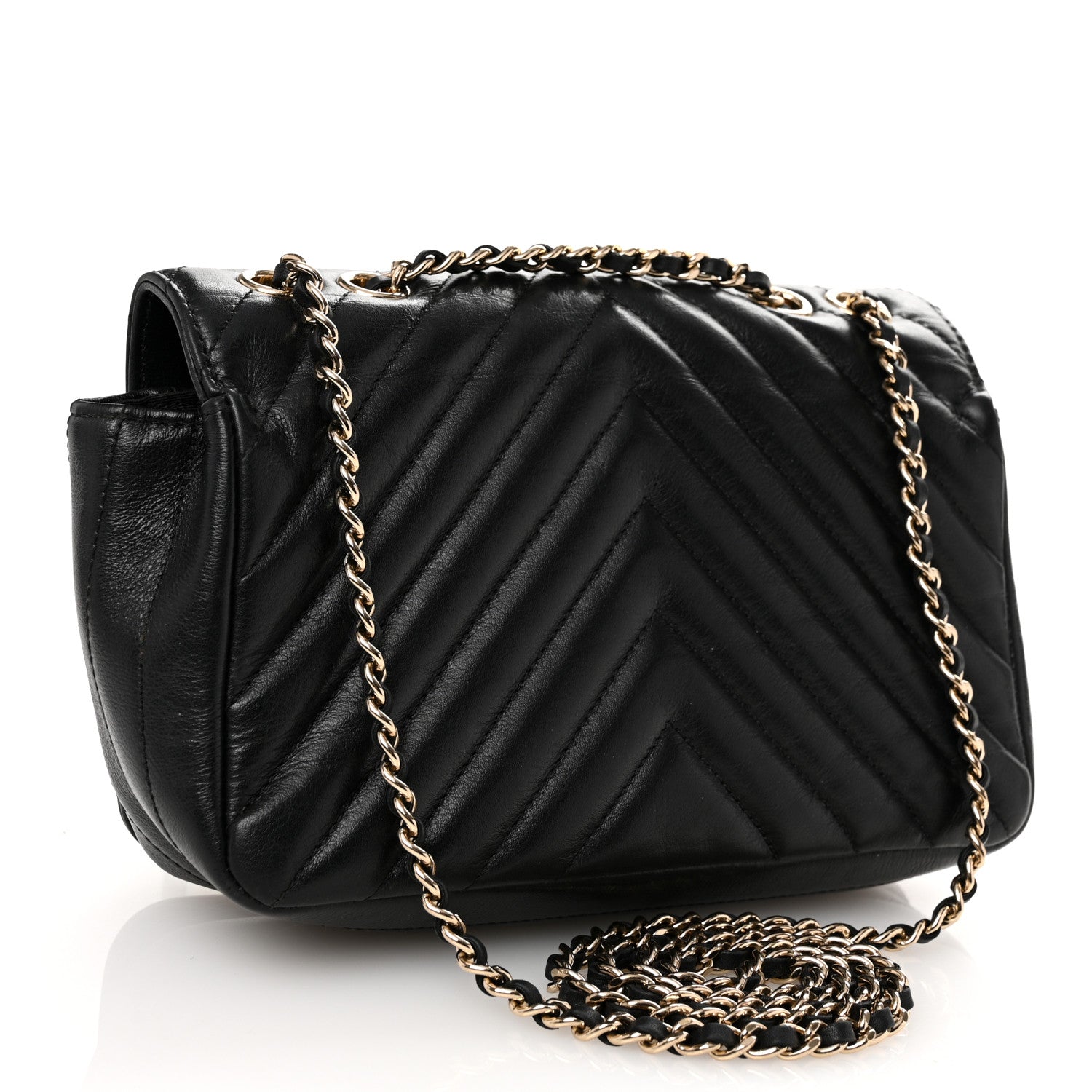 Calfskin Chevron Quilted Mini Statement Flap Black