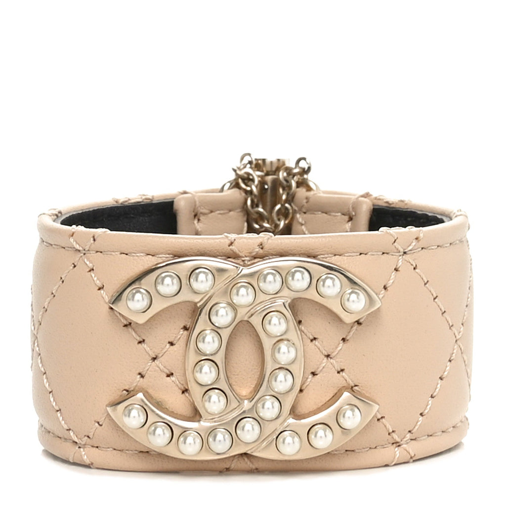 Lambskin Quilted Pearl CC Cuff Bracelet Beige