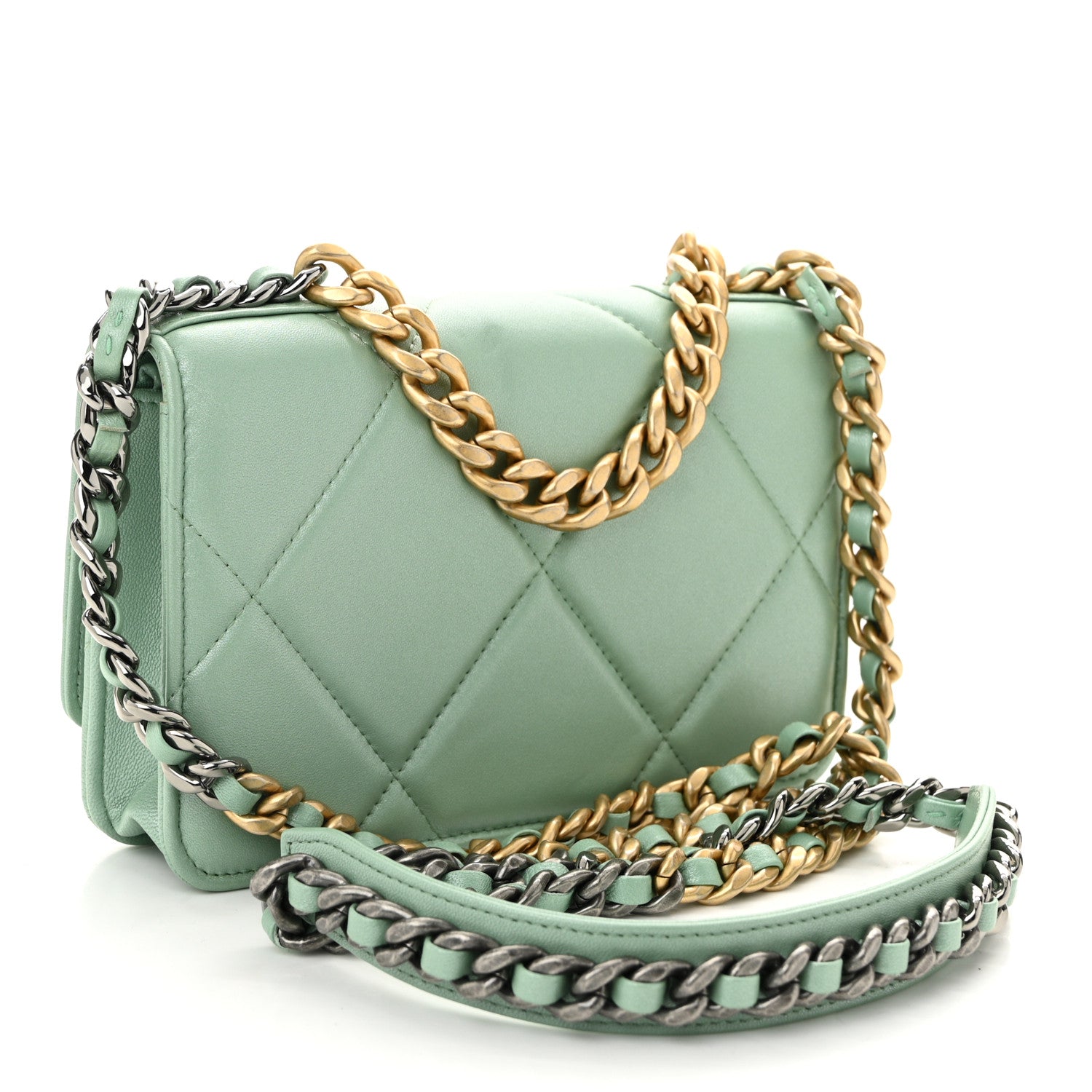 Shiny Lambskin Quilted Chanel 19 Wallet On Chain WOC Light Green