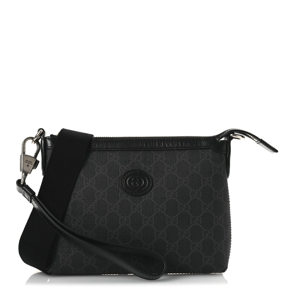 GG Supreme Monogram Azalea Calfskin Retro Interlocking G Wristlet Messenger Bag Black