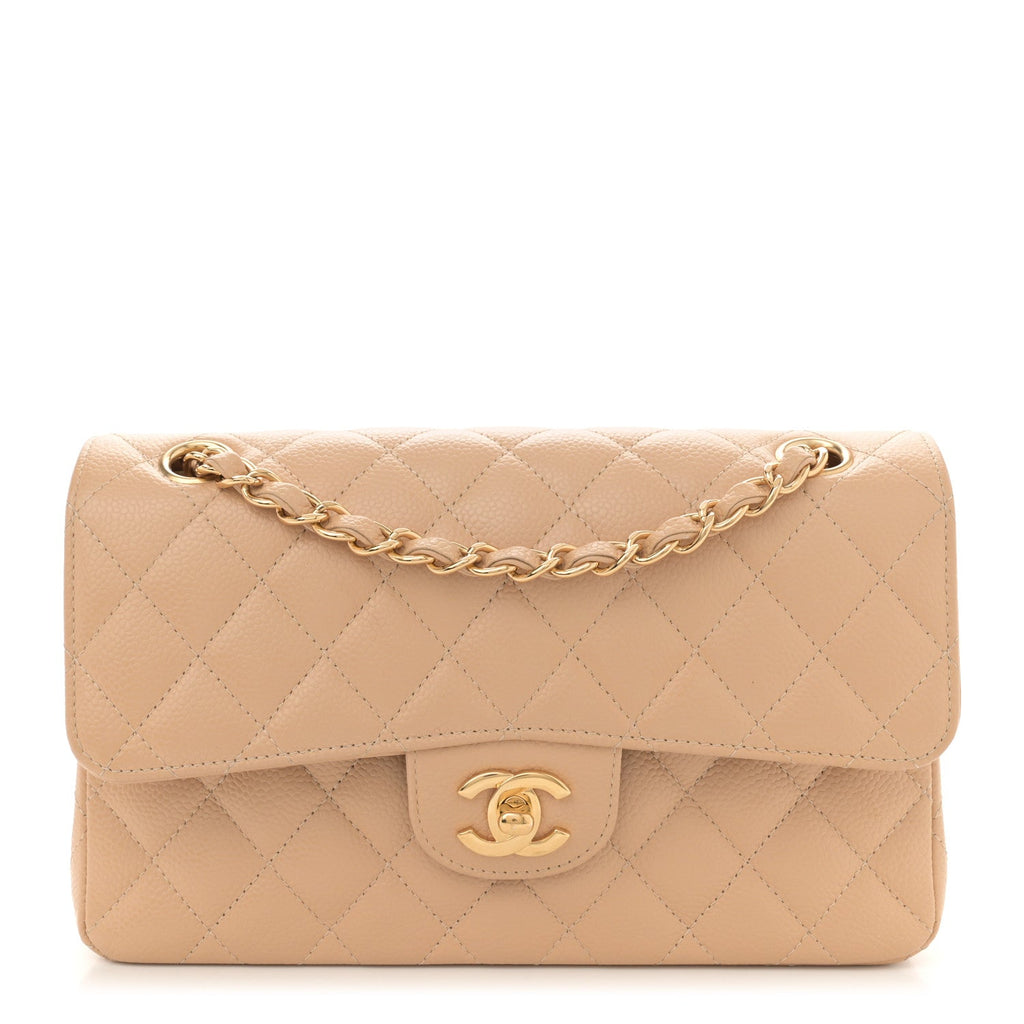 Caviar Quilted Small Double Flap Beige