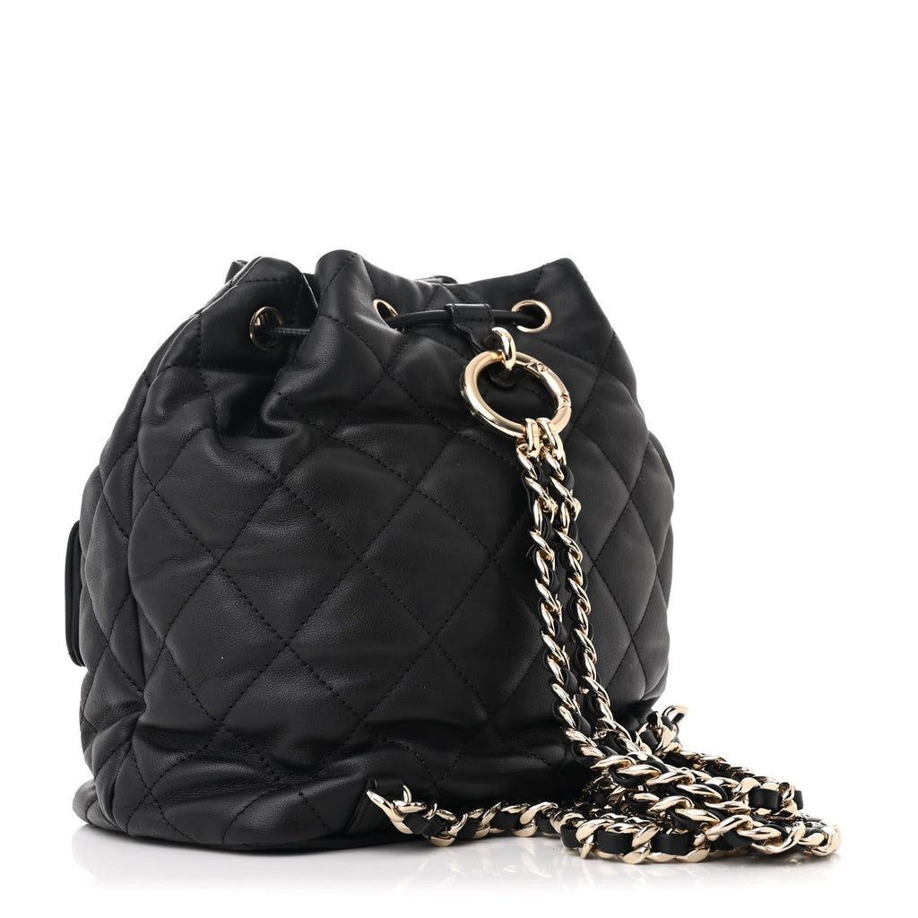 Lambskin Quilted Double Pocket Drawstring Backpack Black