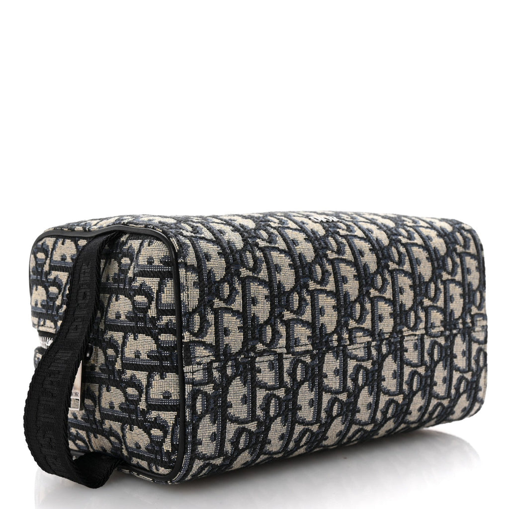 Oblique Jacquard Grained Calfskin Lingot Toiletry Case Blue Black