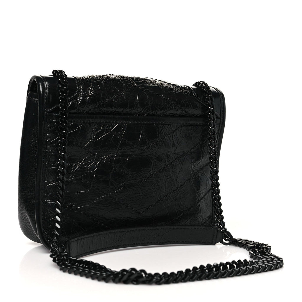 Crinkled Calfskin Matelasse Monogram Niki Chain Satchel Black