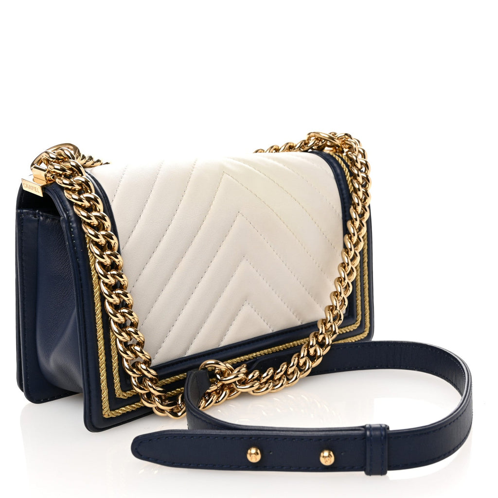 Calfskin Chevron Quilted Braided Medium Boy Flap White Navy