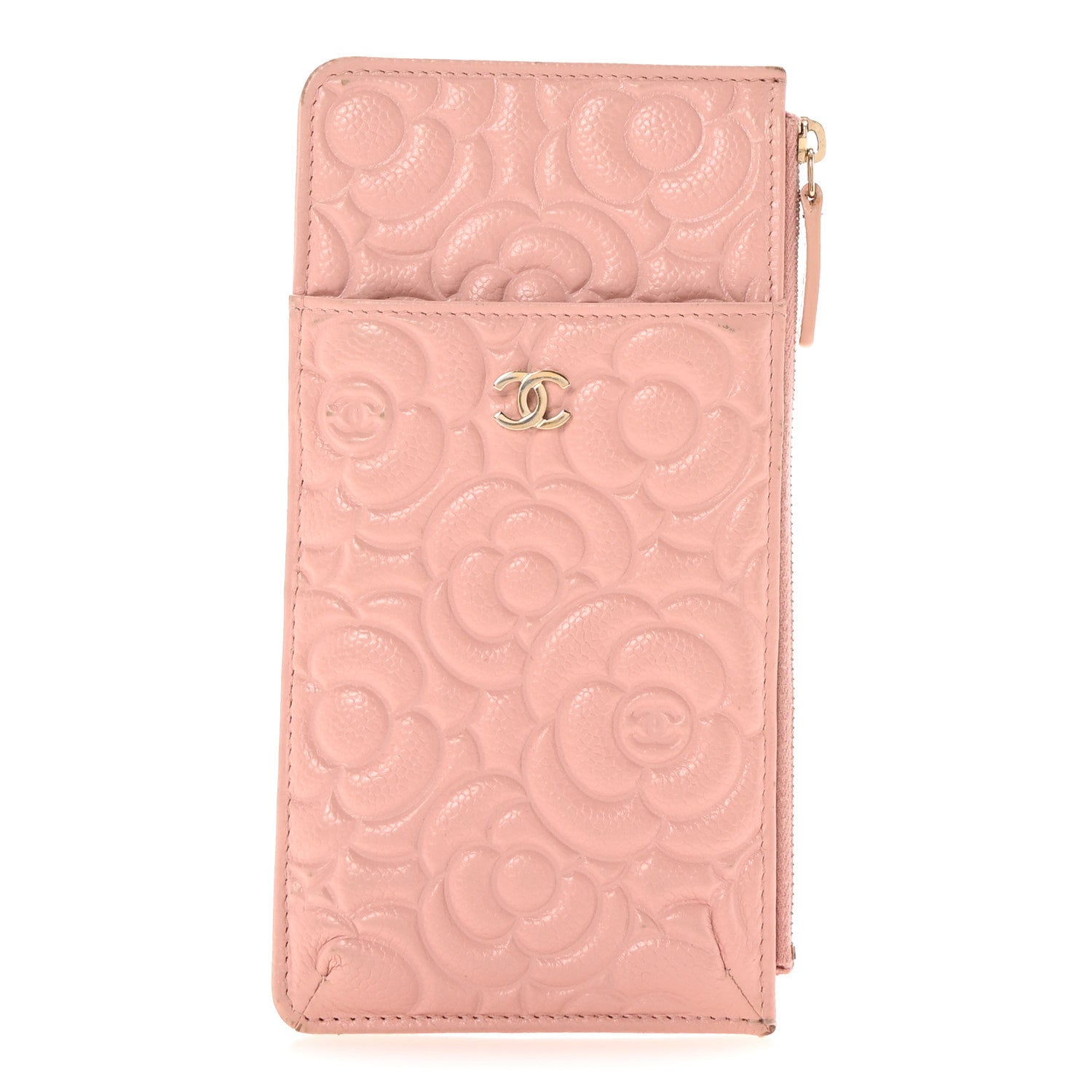 Caviar Camellia Embossed Classic Flat Wallet Pouch Pink