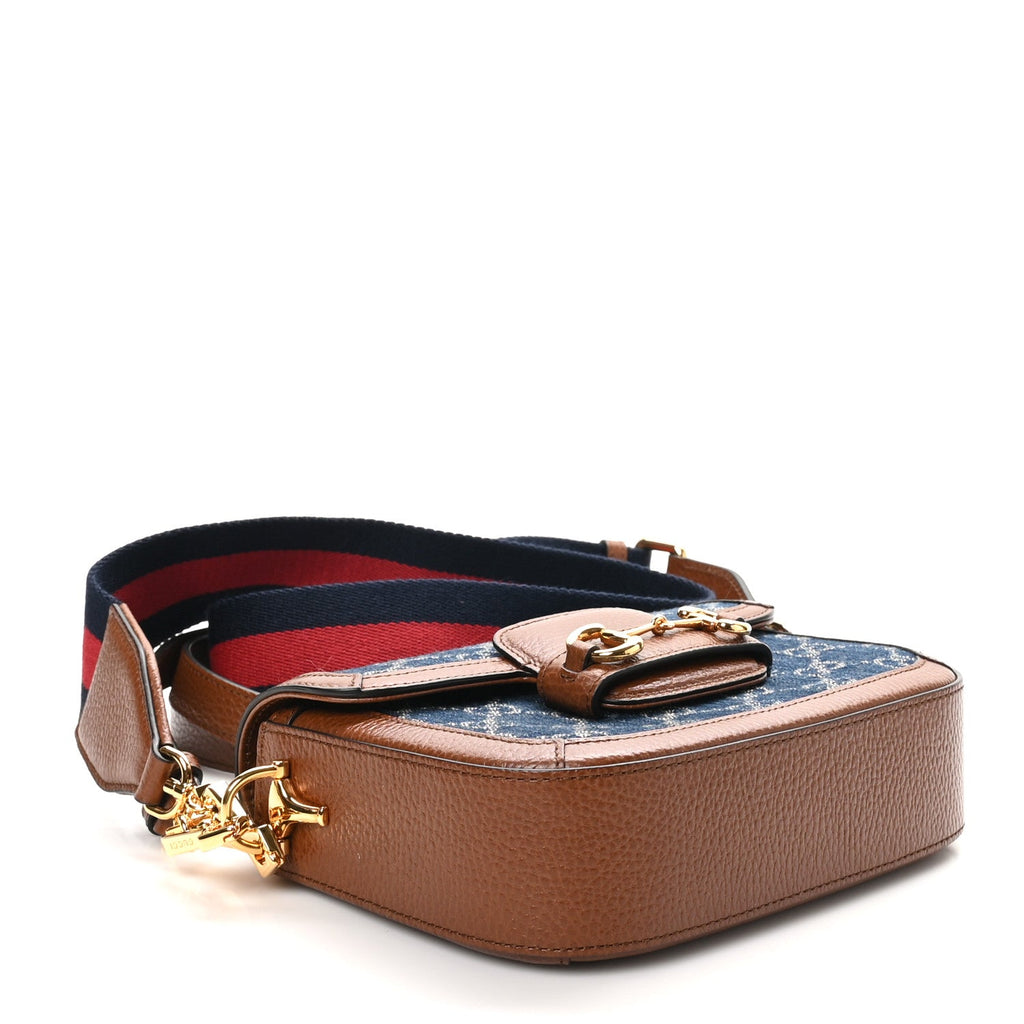 New Denim GG Monogram Dollar Calfskin Web Mini Horsebit 1955 Shoulder Bag Blue Tea Cuir Epilog