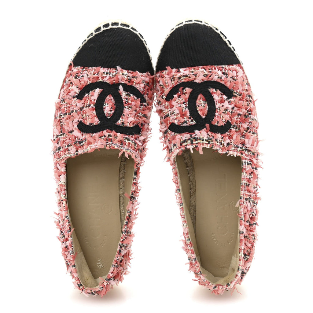 Tweed Grosgrain CC Espadrilles 36 Coral Red Pink Black