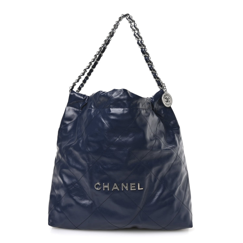 Shiny Calfskin Quilted Chanel 22 Navy Blue