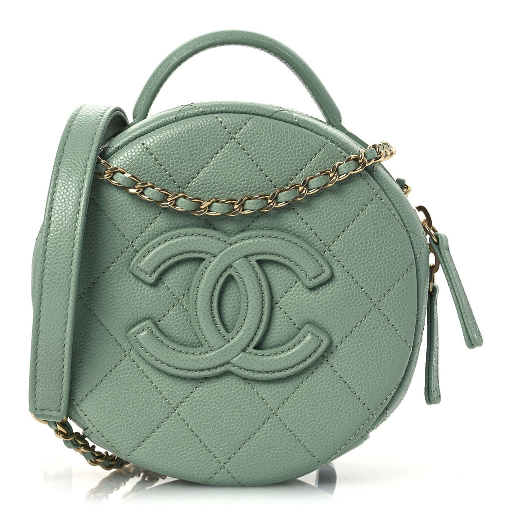 Caviar Quilted Small Round Vanity With Chain Light Green
