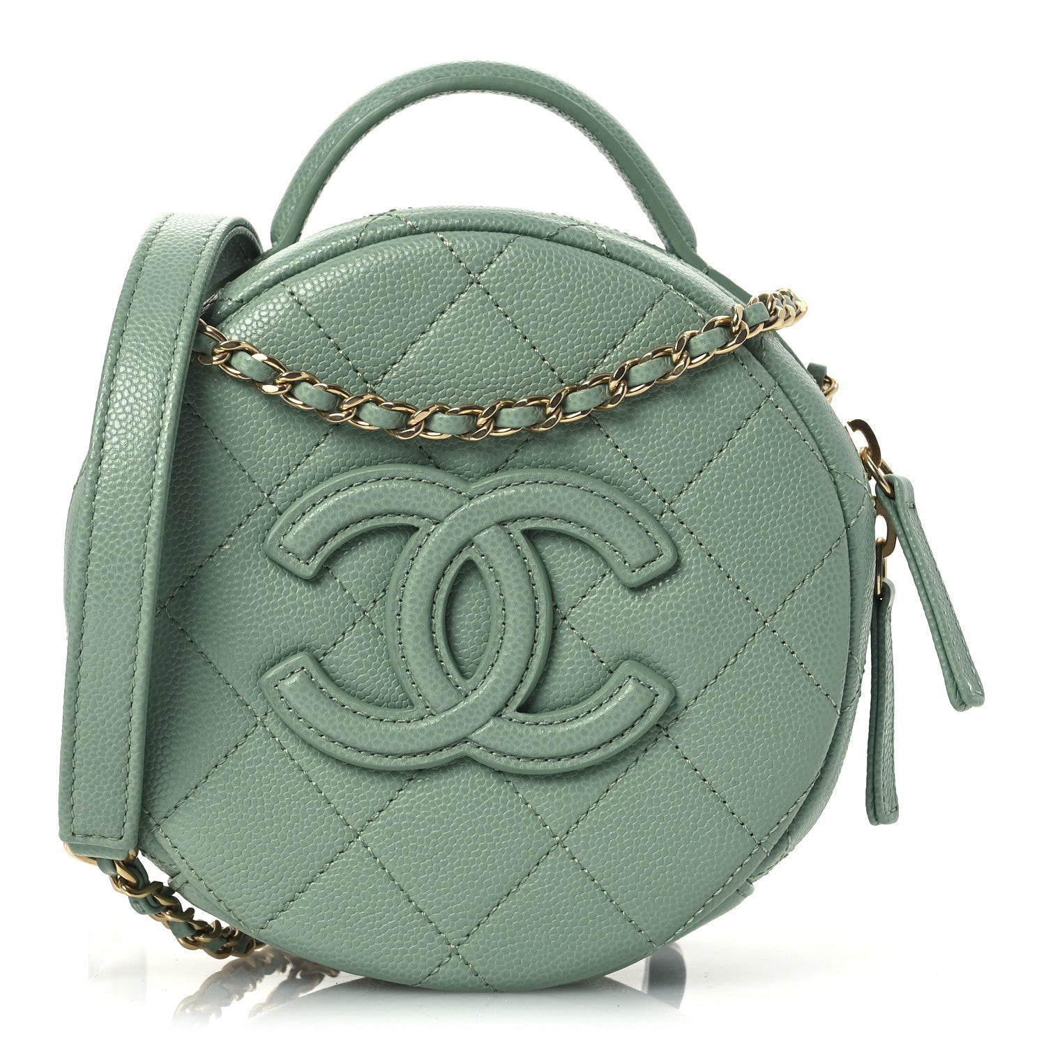 Caviar Quilted Small Round Vanity With Chain Light Green
