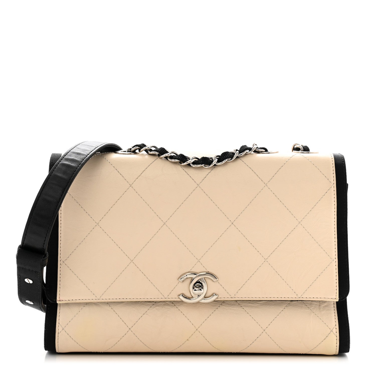 Aged Calfskin Grosgrain Quilted Chain CC Flap Ivory Black