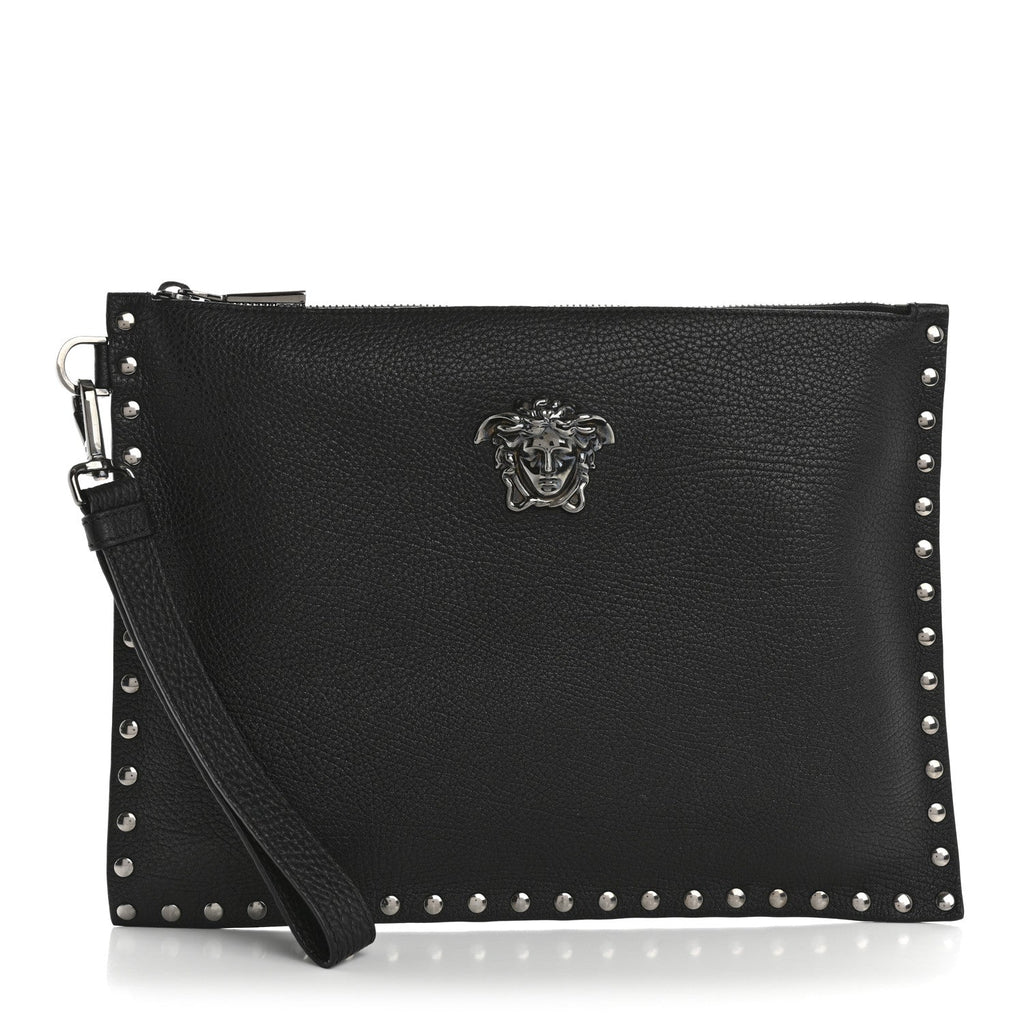 Grained Calfskin Studded Medusa Wristlet Pouch Black