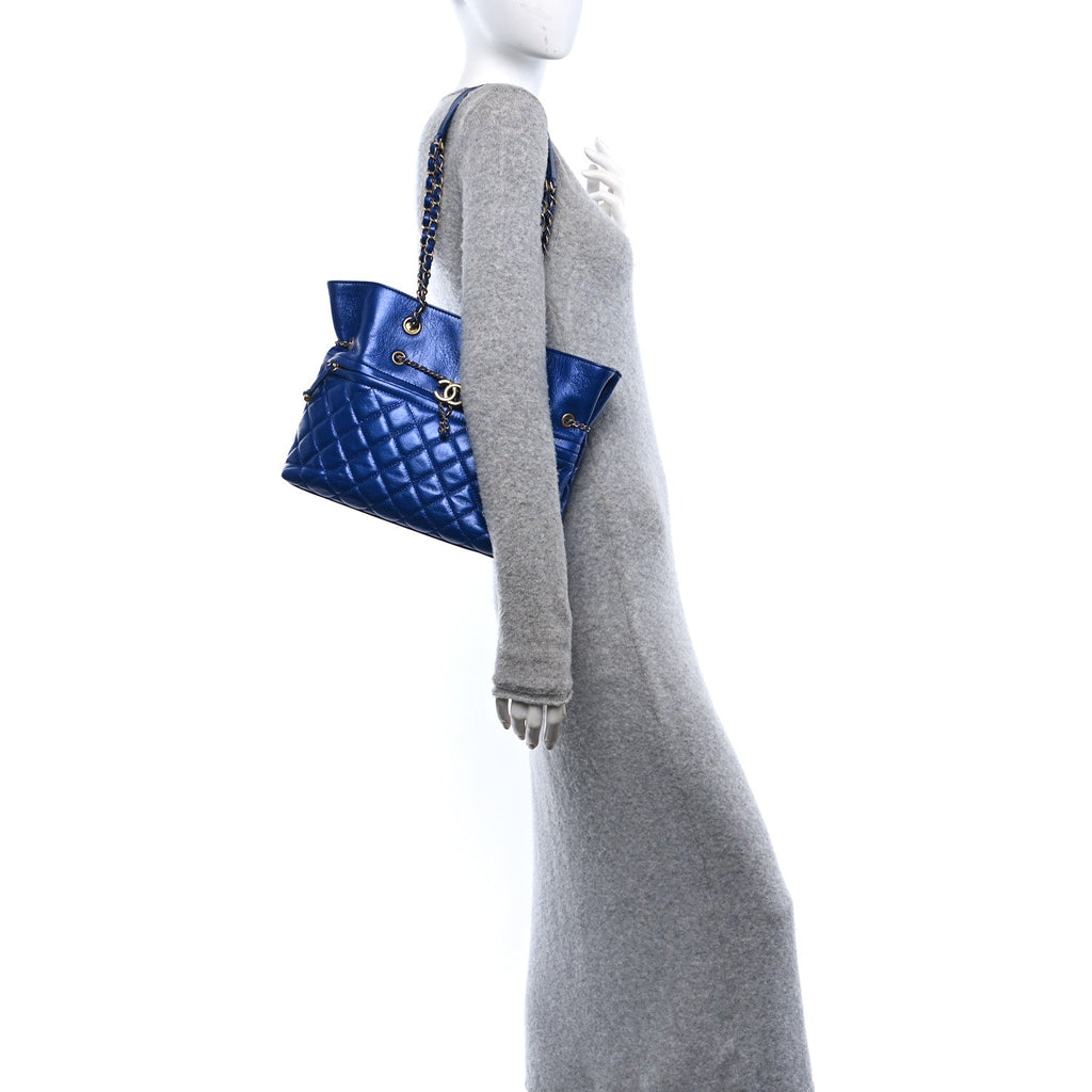 Metallic Aged Calfskin Quilted Drawstring Shopping Tote Blue