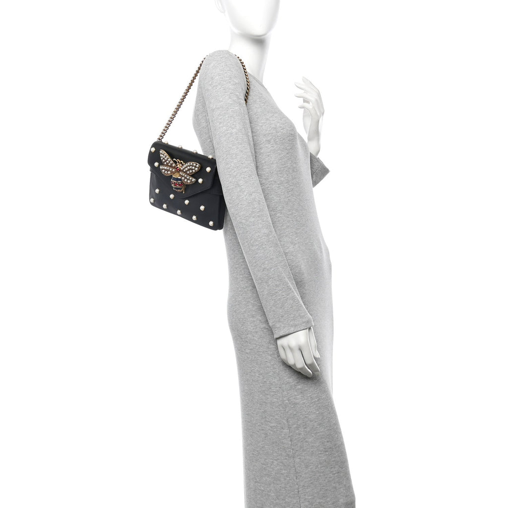 Nappa Pearl Studded Mini Queen Margaret Broadway Shoulder Bag Black