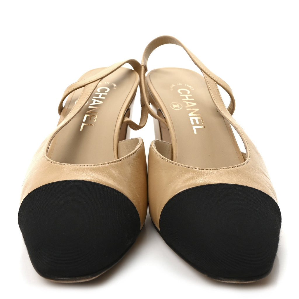 Goatskin Grosgrain Cap Toe CC Slingback Pumps 37 Beige Black