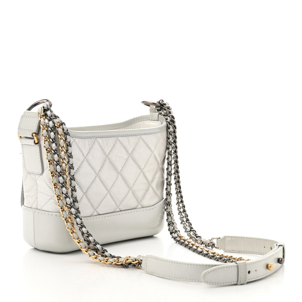 Metallic Aged Calfskin Quilted Small Gabrielle Hobo Light Silver