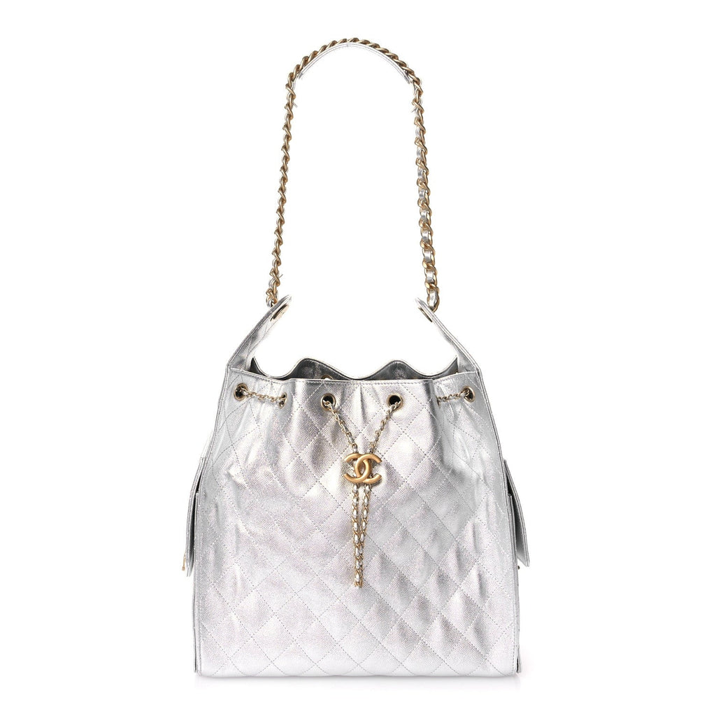 Metallic Caviar Quilted Medium Chanel 25 Handbag Silver