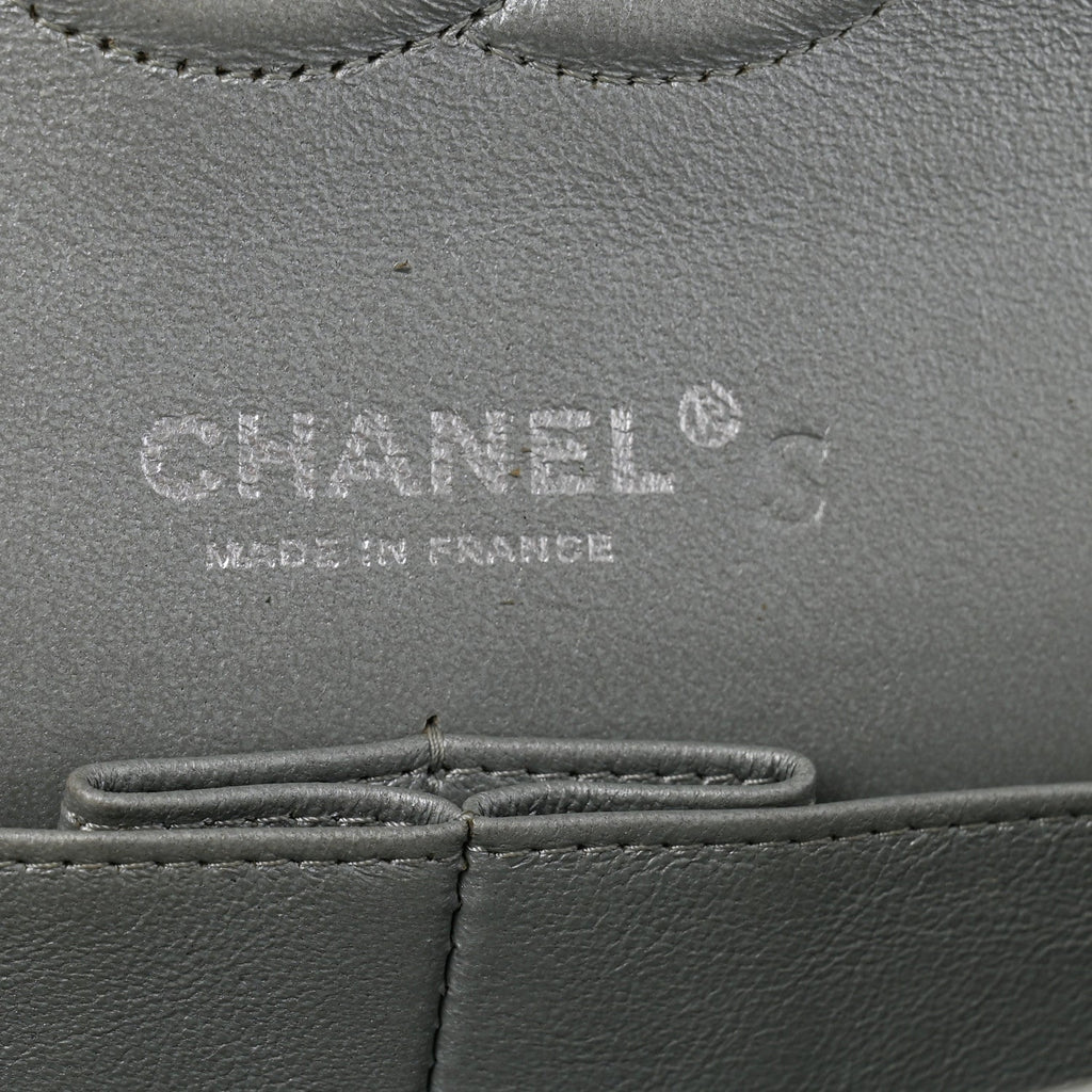 Metallic Lambskin Quilted Medium Double Flap Silver