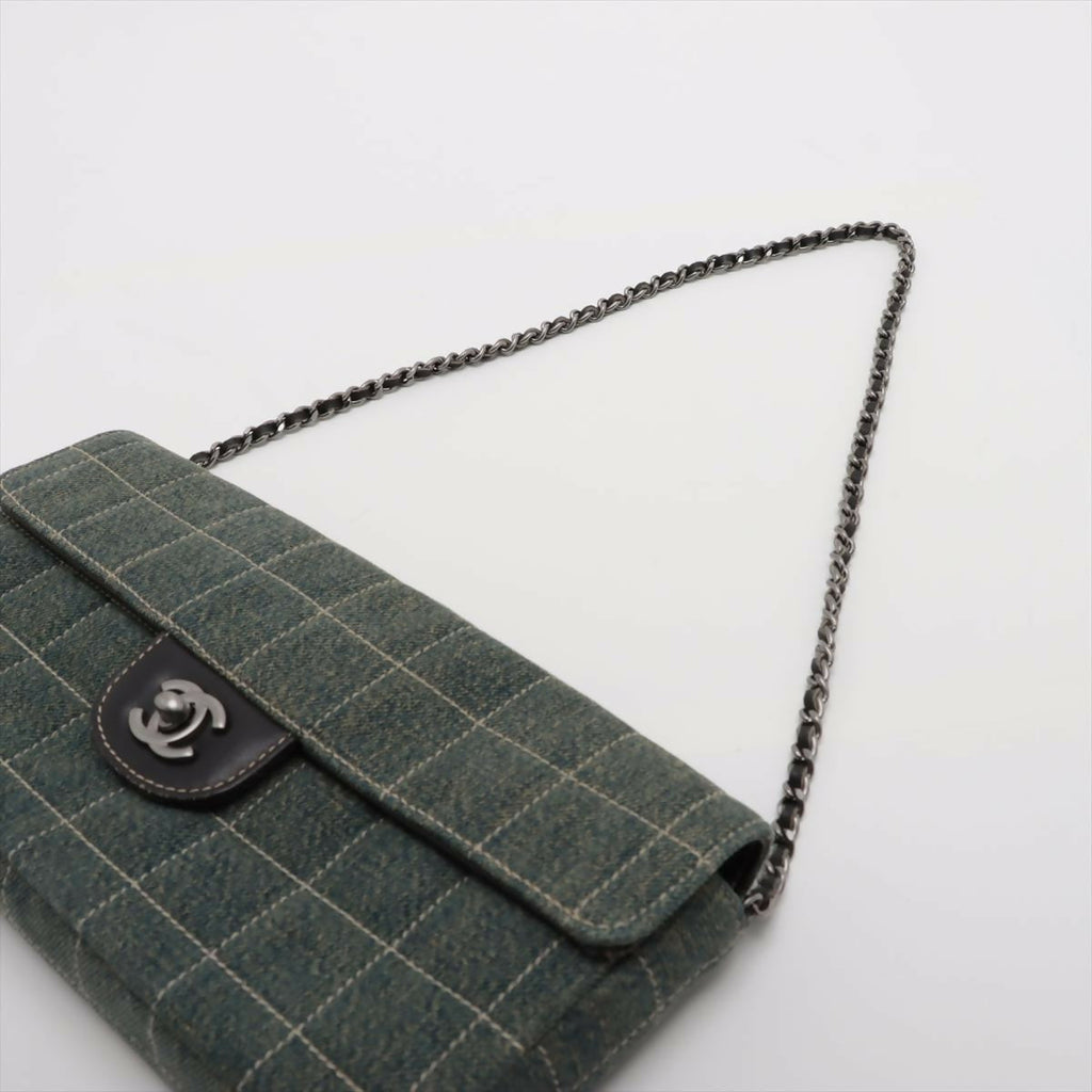 Chanel Denim Chocolate Bar Quilted East West Matte Silver Chain Flap Bag