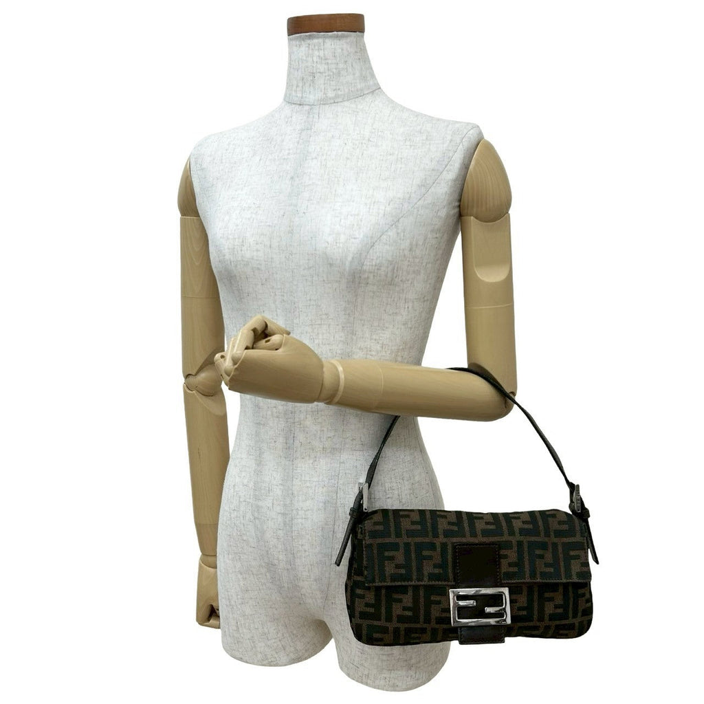 Fendi Mamma Baguette Canvas Leather Handbag
