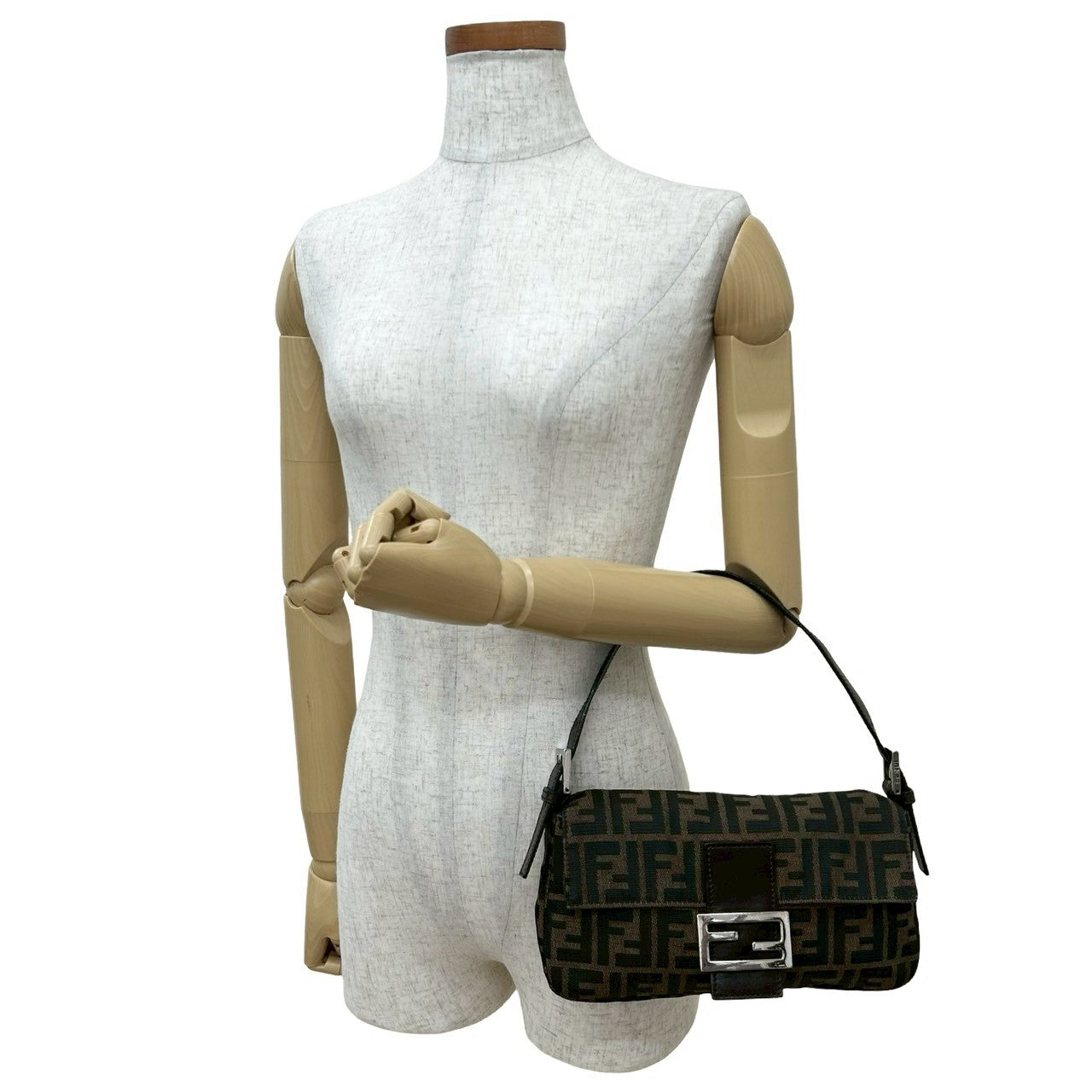 Fendi Mamma Baguette Canvas Leather Handbag