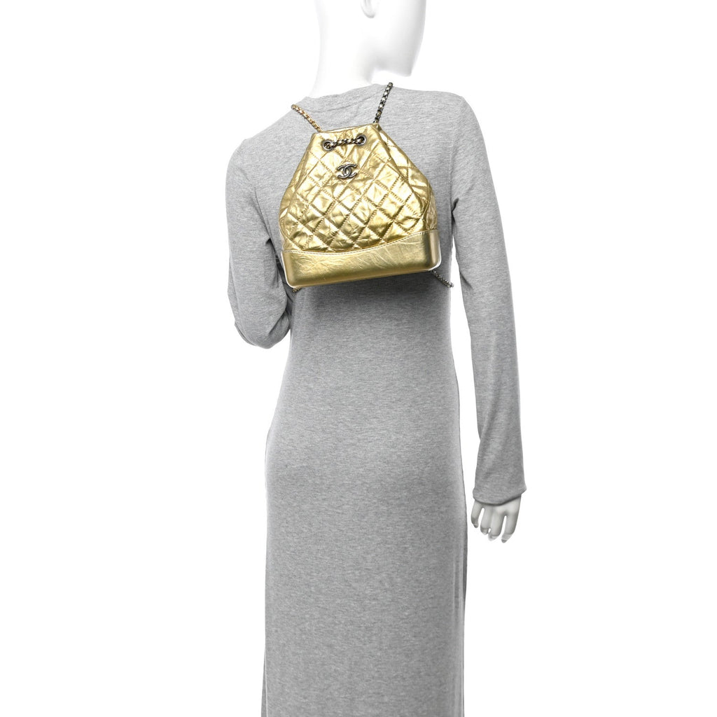 Metallic Lambskin Small Quilted Gabrielle Backpack Gold