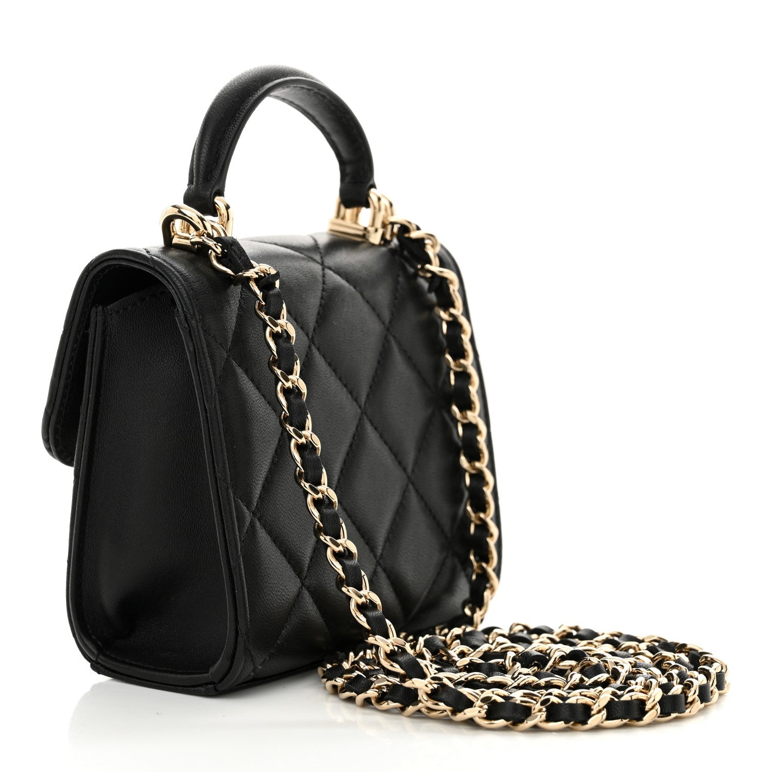 Lambskin Quilted Top Handle Flap Clutch With Chain  Black