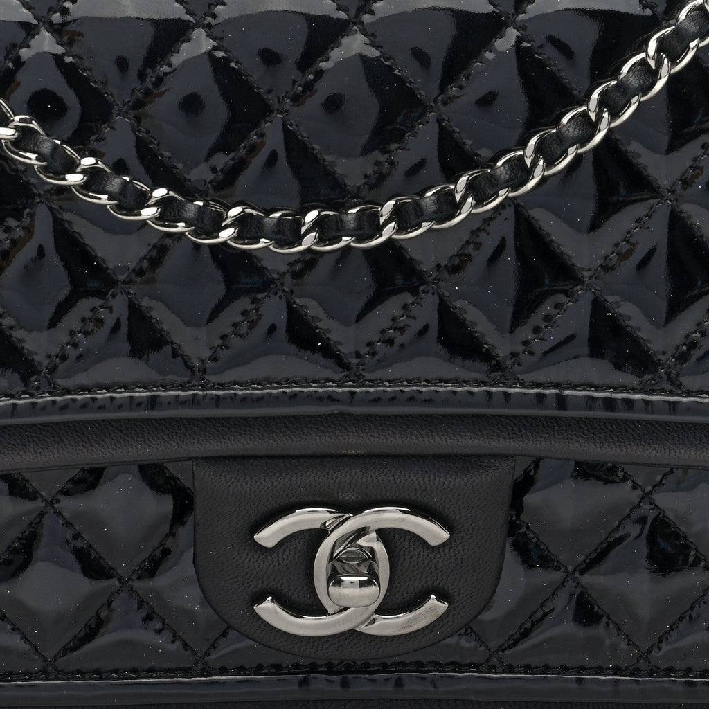 Patent Quilted Classic Twist Flap Bag Black