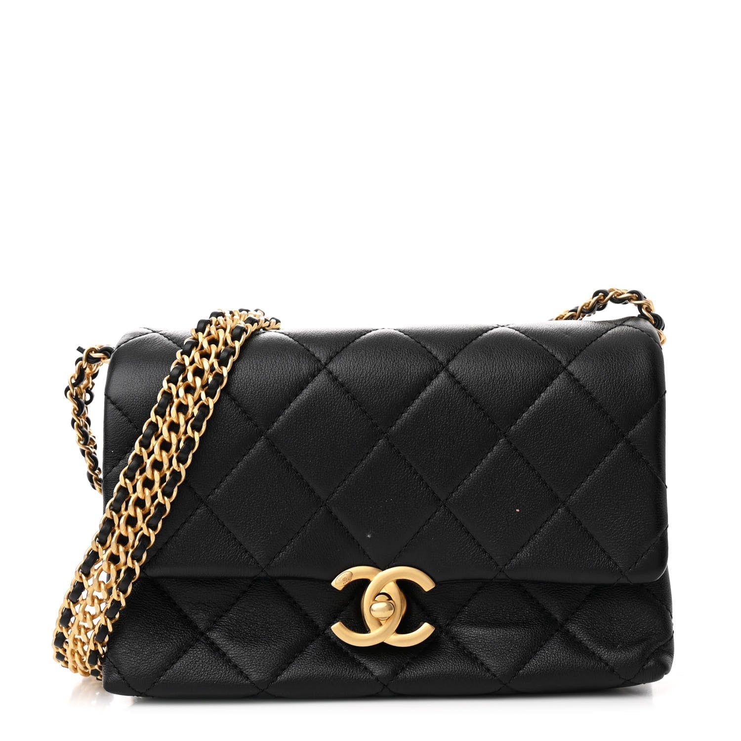 Calfskin Quilted Mini Chain Strap Flap Black