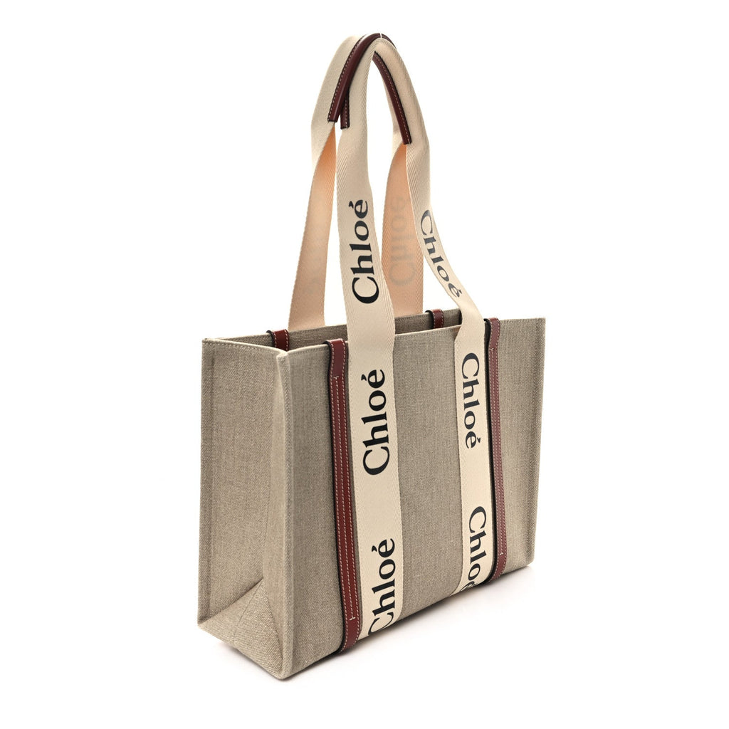 Linen Calfskin Medium Woody Ribbon Tote White Brown