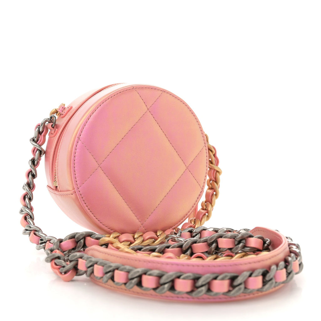 Iridescent Calfskin Quilted Chanel 19 Round Clutch With Chain Pink