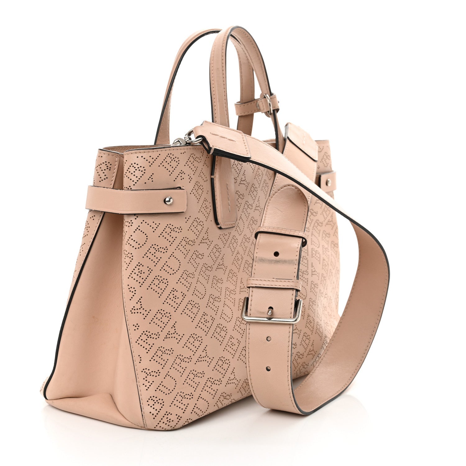 Calfskin Perforated Medium Banner Tote Pale Fawn Pink
