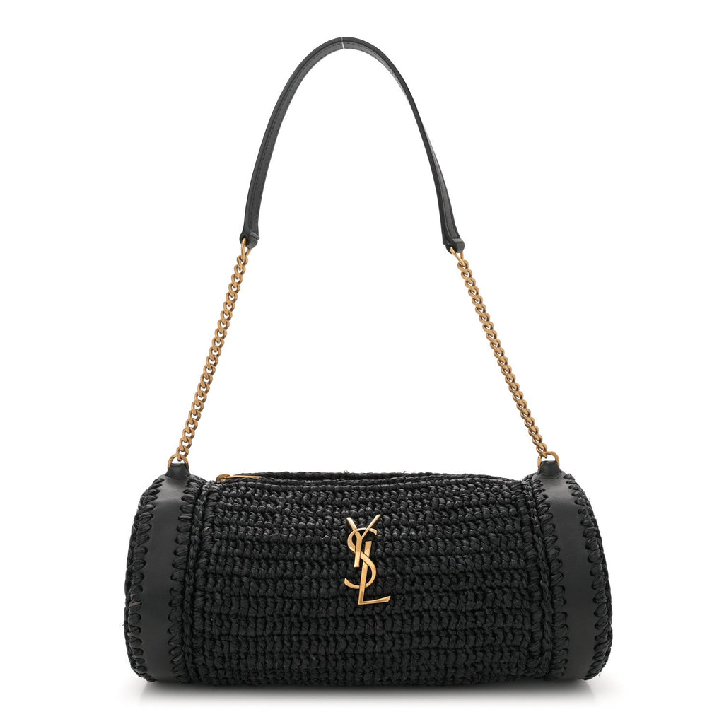 Raffia Monogram Small Cassandre Cylinder Bag Black